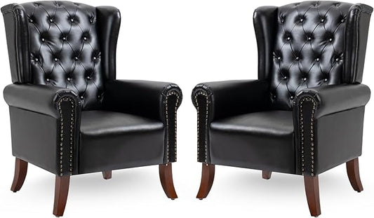 Modern Accent Chair Set of 2 Mid-Century Upholstered Wingback Armchair Club Sofa Chair with Wooden Legs Living Room Chair for Bedroom Balcony Lounge (Blue Check)