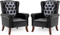 MOJAY Faux Leather Accent Chairs Set of 2 Mid-Century Modern Living Room Chairs Upholstered Club Arm Chair Single Sofa Chair with Solid Wooden Legs for Bedroom Study Home Office Lounges (Black)