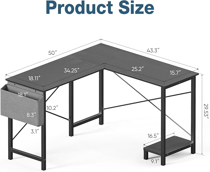 OLIXIS L Shaped Desk 50-Inch Office Computer Gaming Desks Corner PC Table with Side Bag and Reversible Shelf for Home Work Study Writing Black
