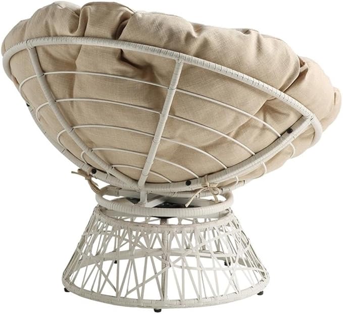 Pemberly Row Accent Chair Cream Wicker Weave with Round Fabric Pillow Cushion 360° Swivel Resin Wicker Metal Frame 40 W x 36 D x 35.25 H Casual Living Room or Dorm Seating