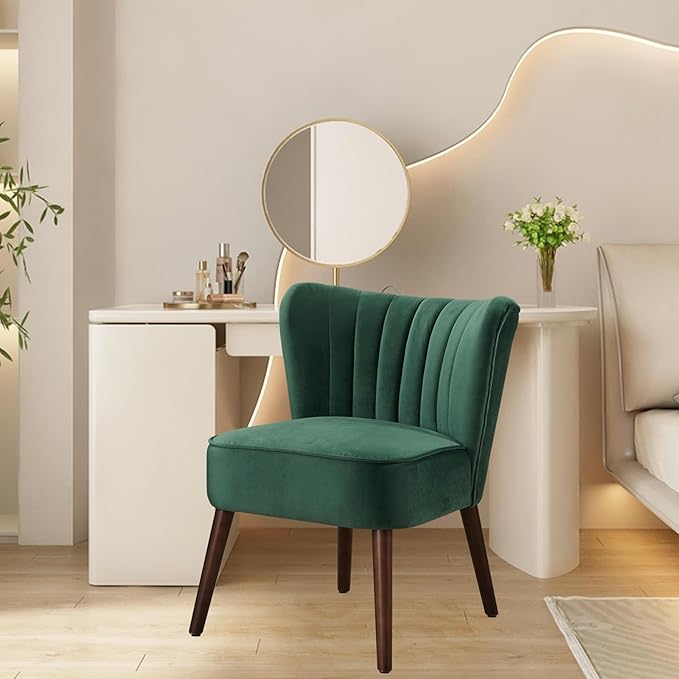 Modern Velvet Accent Chair Set of 2 Soft Upholstered Living Room Chair with Wooden Legs Comfy Armless Lounge Chair for Living Room/Makeup/Office/Bedroom Green