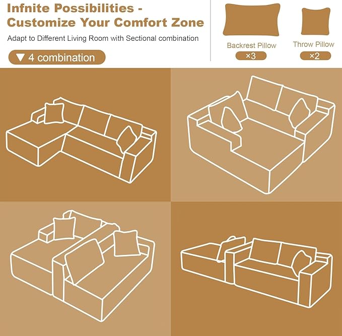 108 Sectional Couches for Living Room Modern Modular Sofa with L-Shape Couch Upholstered Boneless Sofa Deep Seat Sectional Couch with Chaise (Camel Left Facing Chaise+2Seaters)