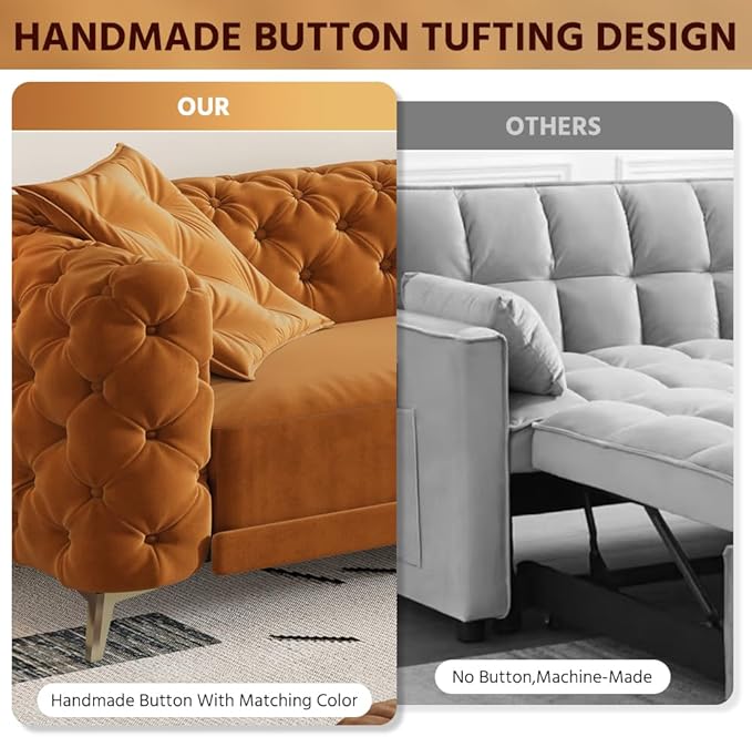 Ball &amp Cast 3-in-1 Convertible Sleeper Sofa with Movable Ottoman97.7 Velvet Pull Out Sofa Bed Modern Button Tufted 4-Seater Sofa Couch with Deep Seat for Living Room ApartmentOfficeOrange