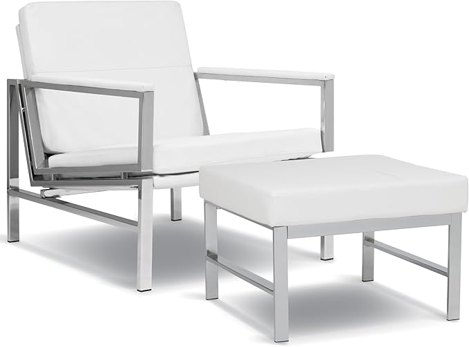 Atlas Bonded Leather Accent Chair with Ottoman Set Mid-Century Modern Lounge Chair &amp Footrest with Chrome Legs for Living Room or Office Guest Seating Chrome/White