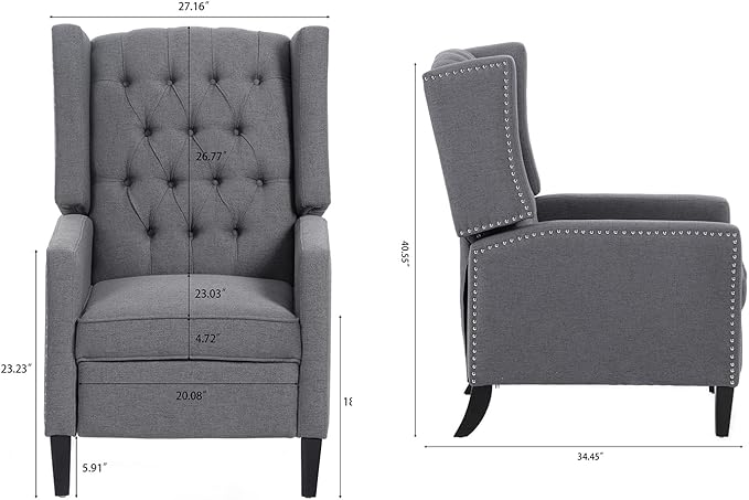 Pushback ReclinerComfortable Wingback Recliner Sofa Chair with Adjustable Backrest Tufted Fabric Upholstered ArmchairRetro Rivets Decorated Recliner for Living Room Bedroom Office Home (Grey)