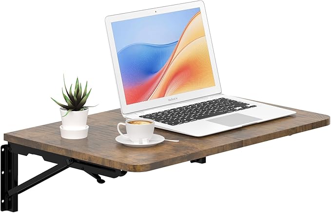 TEAMIX Wall Mounted Folding Table Rustic Brown Floating Desk for Small Spaces Laundry Shelf with Heavy Duty Brackets Floating Desk for Garage Utility Room Kitchen Laundry Room