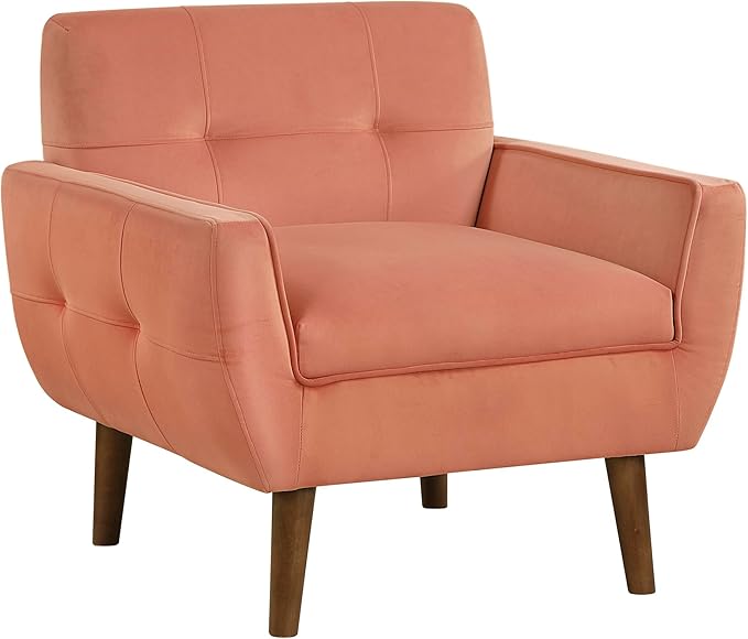 Lexicon Mid Century Modern Accent Chair with Dark Brown Solid Wood Leg Velvet Upholstered Living Room Chair Lounge Arm Chair Tufted Detail Single Sofa Chair Comfortable Reading Chair Orange