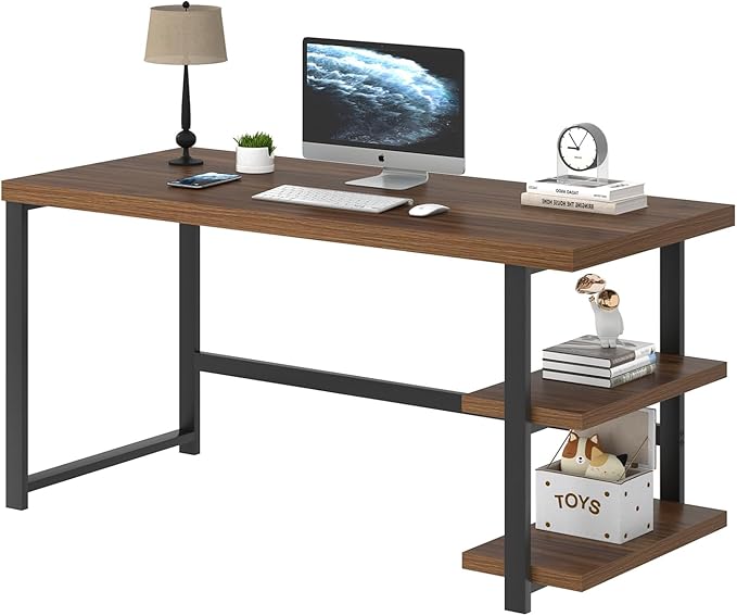 FOLUBAN Modern Computer Desk Wood Home Office Desk Study Writing Gaming Table Workstation with Storage Shelves for Living Room Bedroom Rustic Walnut 53 Inch