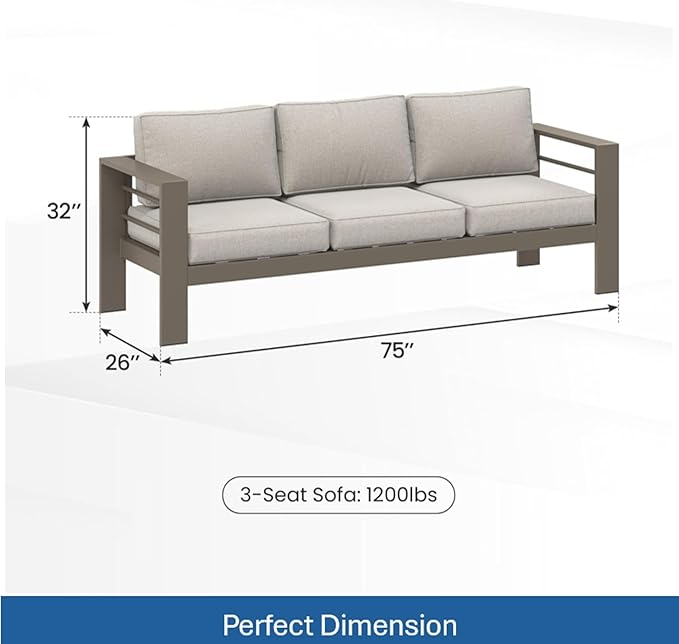 75 All-Weather Sofa Bed with Heavy-Duty Frame Stylish Sofa Bed with Water-Repellent Olefin Comfort 3-Seater Sofa with High-Density Foam for Patio Balcony Light Khaki+Beige