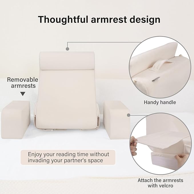 ENITYA 19 Back Pillow for Bed Sitting up Big Pockets and Washable Removable Cover Reading Chair for Watching TV/Reading/Gaming/Resting in Bed Couch or Floor Medium(Ivory)