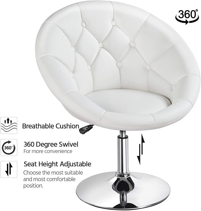 Yaheetech Adjustable Vanity Chair with Round Tufted Back Swivel Leather Salon Chair for Bedroom Living Room Office White
