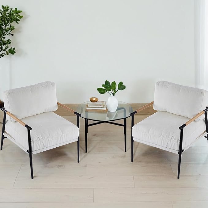 Accent Chair Living Room Chair Modern Mid-Century Armchair Comfy Reading Chair for Bedroom Upholstered Chenille Fabric Lounge Chair W/Plush Cushions Metal Frame and Wooden Armrest 1PC White