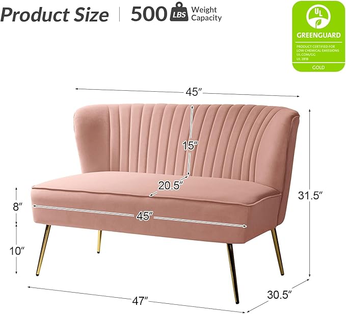 HULALA HOME Velvet Loveseat Sofa with Gold Legs Mid-Century Modern Upholstered Love seat Couch Tufted Small 2-Seat Sofa Armless for Living Room Bedroom Apartment Small Spaces Pink