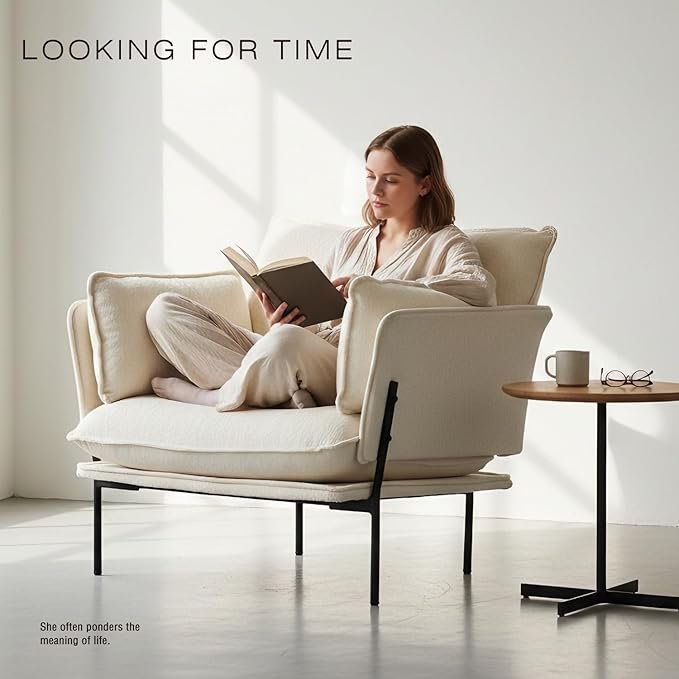 Modern Boucle Accent Chair for Living Room ChairsOversized Upholstered Reading Chair Lounge Armchair with Sturdy Metal LegsComfy Single Sofa Chair for Living RoomBedroomBalcony (Cream)