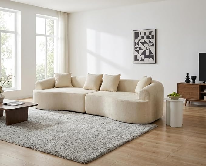Curved Boneless Sofa Couches 4-Seat Tight Backrest Couch for Living Room Bedroom Boneless Cloud Sofa with 4 Pillows Floor Sofa in A Box No Assembly Required