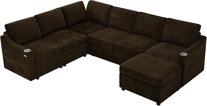 116 Chenille Modular Sofa Bed w/Adjustable Backrests U-Shape Sleeper Sofa w/USB Ports &amp Storage Space Convertible Corner Sectional Couch w/Pull Out Bed for House Living Room Brown