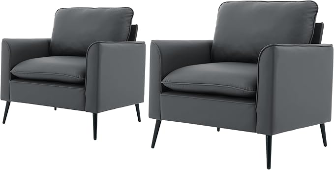 YITAI Modern Accent Living Room ChairsFaux Leather Oversized Single Sofa Chair with Metal Legs Mid Century Comfy Armchair for Bedroom/Office Reading/Lounge/Office/Reception2PCGray