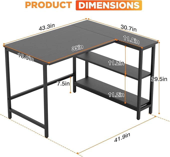 L Shaped Computer Desk 43 Inch Corner Desk with Reversible Storage Shelves Home Office Desk with Metal Frame Modern Simple Style for Home Office Living Room Bedroom Black