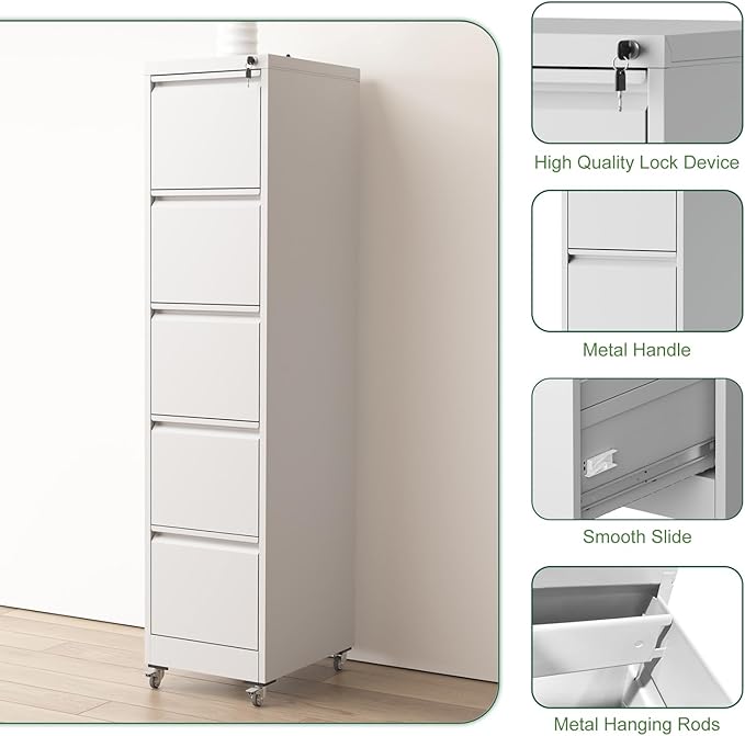 5 Drawer File Cabinet with Lock Metal Mobile Filing Cabinets Office Home Metal Vertical Storage Cabinet for A4 Legal/Letter Size LockedAssembly Required (White 5 Drawer)
