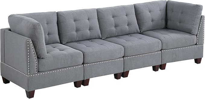 Living Room Furniture Tufted Armless Chair Grey Linen Like Fabric 1pc Armless Chair Cushion Nail Heads Wooden Legs