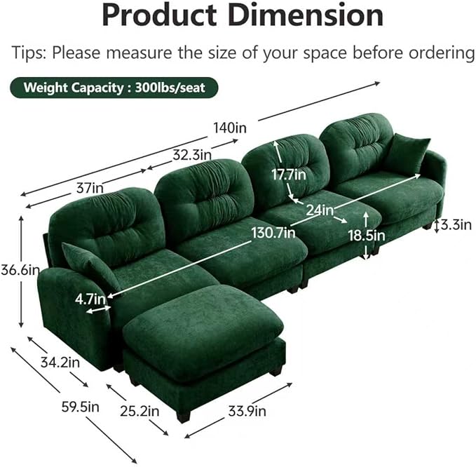 140 L Shaped CouchModular Sectional Sofa 4-Seater Comfy Cloud Couch with Movable Ottoman Chenille Deep Seat for Living Room Office (Green)
