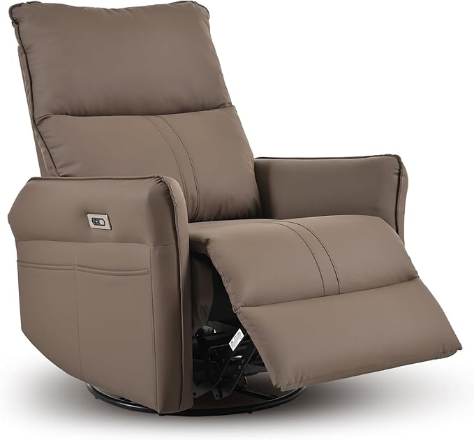 cinkehome Power Swivel Rocker Recliner with USB Overstuffed Electric Reclining Chair Faux Leather Rocker Recliner for Nursery Living Room Brown