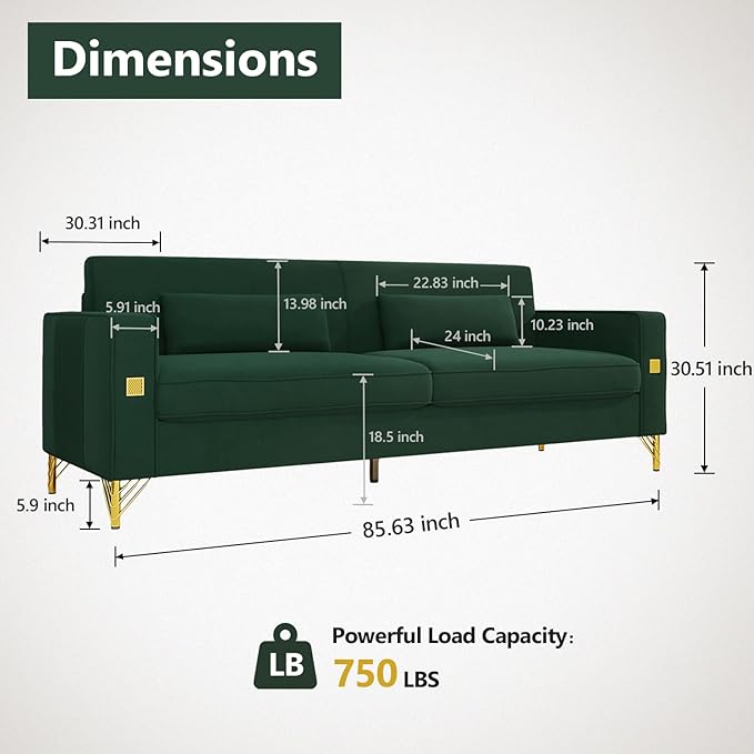 85.63'' Mid-Century Modern Green Velvet Sofa Couch with Metal Gold Legs 3 Seater Tufted Loveseat Couches with 2 Lumbar Pillows for Living Room and Apartment