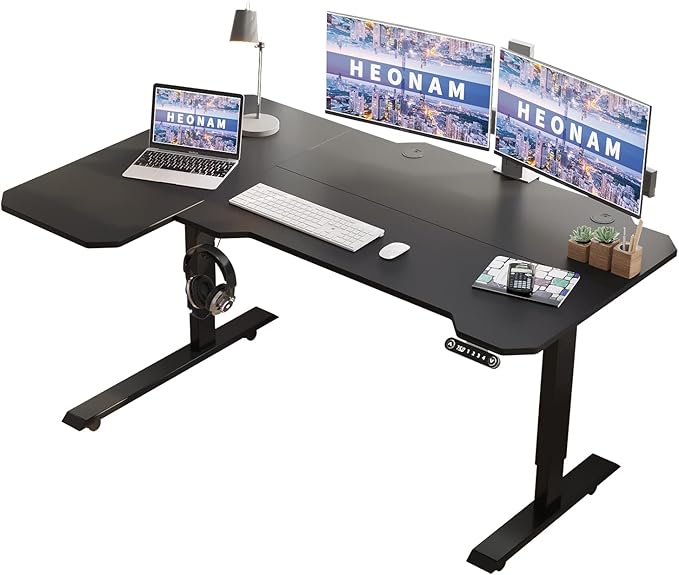 Gaming Electric Standing Desk L Shaped with Privacy Screen 59 Inch PC Computer DeskLarge Surface for Monitors