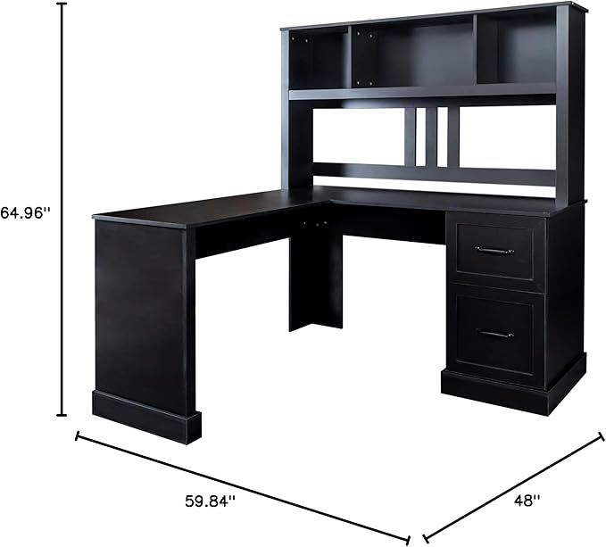 KEIKI L Shaped Home Office Desks with Hutch Drawers Bookshelf &amp Storage Shelves Modern Wooden Computer Corner Table for Work Study Writing