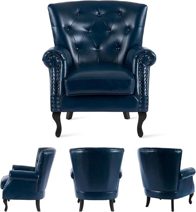 MOJAY PU Leather Accent Chair Mid-Century Modern Armchair Living Room Club Chair with Tufted Button &amp Rivet Trim Upholstered Sofa Chair with Sturdy Wood Legs for Bedroom (Navy)