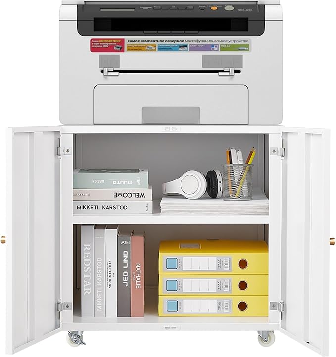Mobile Printer Stand with Storage 23.6 Height Rolling File Cabinet with Locking Wheels &amp Adjustable Shelf Tall Office Printer Table with Doors for Home Office