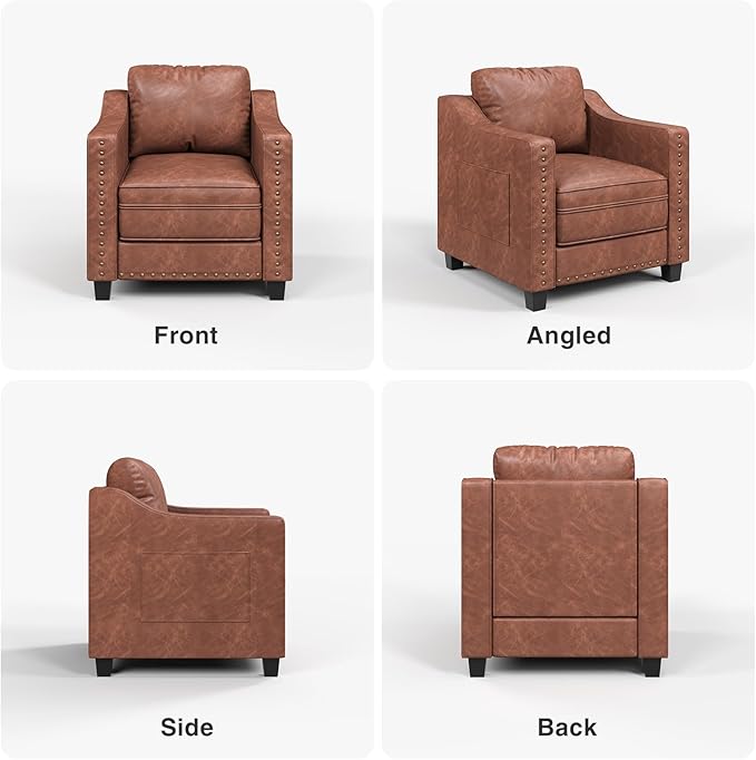 Mid Century Modern Accent Chair 30 Inches PU Leather Armchairs Barrel Chair Living Room Chairs Club Chair with Cushion Reading Chair for Bedroom Apartment Reading Room Brown