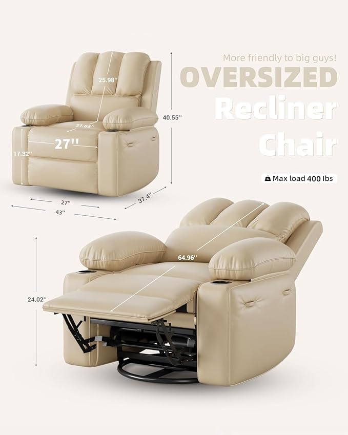 Oversized Electric Recliner Chair for Adults Swivel Rocker Recliner with Massage and Heat Pu Leather Single Sofa with Cup Holder and Side Pocket for Living Room Bedroom Creamy