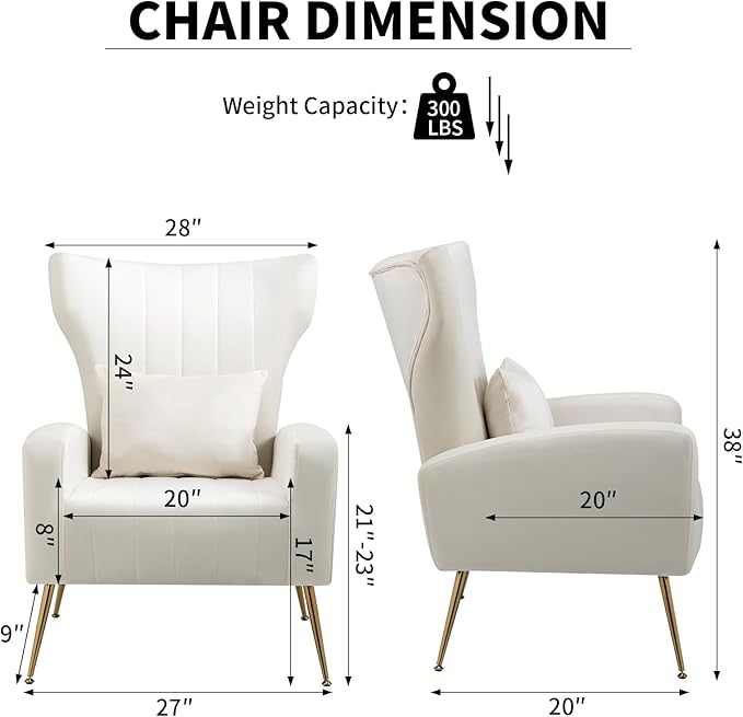 Velvet Accent Chairs Set of 2 Modern Living Room Chair with Gold Legs &amp Pillow Bedroom Side Chair with High Wingback White