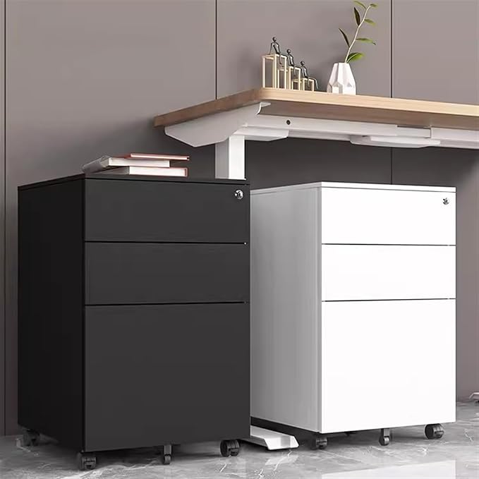 Mobile File Cabinet Under Desk Three Drawers Metal File Cabinet with Lock White/Black Iron Dresser for Home Office File Cabinet (Color : Black Size : 39 x 50