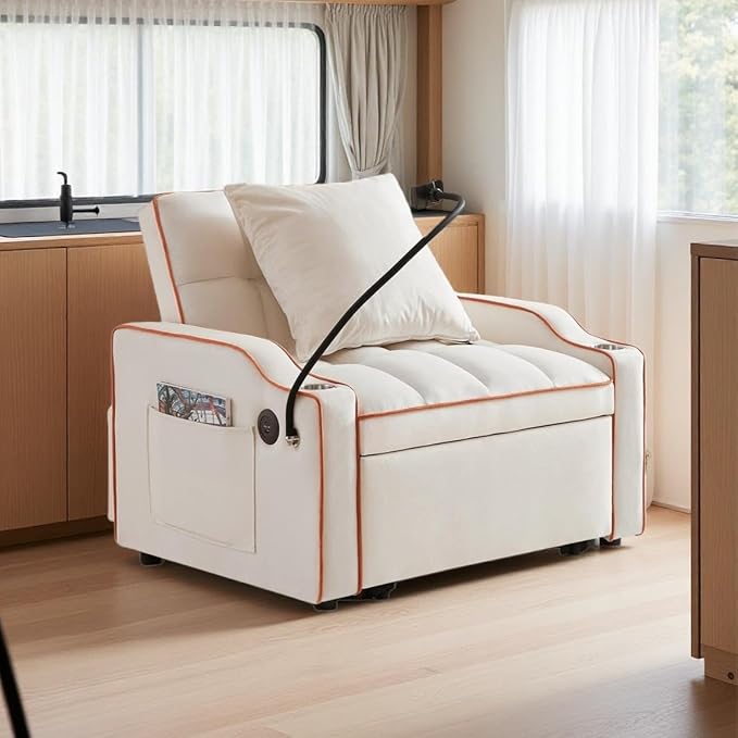 3 in 1 Convertible Sleeper Sofa Bed with Phone Holder 35'' Pull Out Sofa Bed Recliner with Adjustable Backrest Velvet Fabric Sleeper Couch Single Modern Chair for Small Space &amp RV Beige