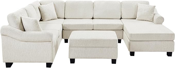 P PURLOVE Sectional Sofa Velvet Large Sectional Sofa with Right Side Chaise Wide Chaise Lounge Couch with Ottoman for Living Room (White)