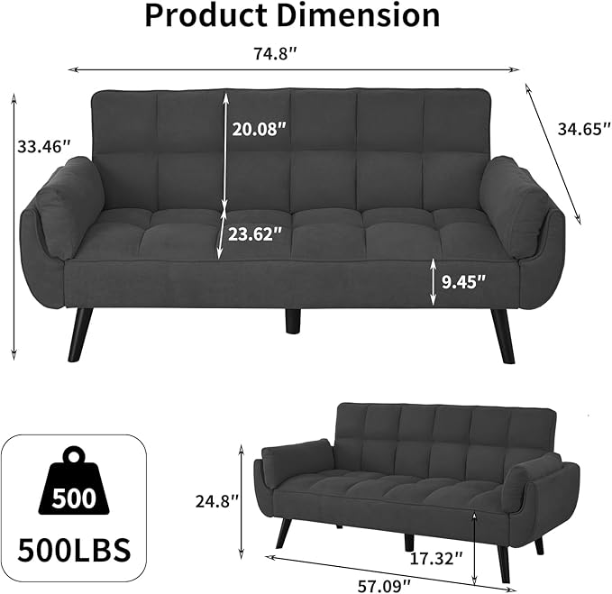 Sofa Couch for Living Room 74.8 Linen Tufted Modern Comfy Couch with Pillow-Top Armrest 3 Seater Upholstered Sofa for Small Spaces Office Apartment Dark Gray
