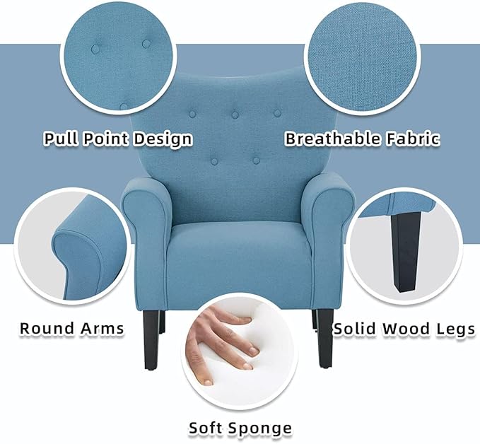 YOLENY Modern Accent ChairHigh Back ArmchairUpholstered Fabric Button Single Sofa with Wooden Legs for Living RoomBedroomClubLight Blue