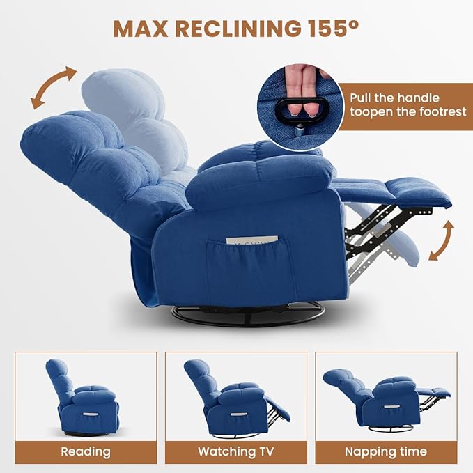 Swivel Rocker Recliner Chair for Adults 360° Upholstered Manual Recliners for Small Spaces Single Seat Glider Reclining Chair with Side Pockets Ergonomic Reading Chair for Living Room RV Bedroom