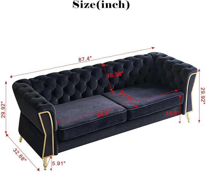 KEIKI 87 Chesterfield Velvet Button Tufted Sofa with High Density Foam Cushions Modern 3-Seater Couch with Gold Strip Trim Decoration Easy Assembly for Apartment Living Room Office Black