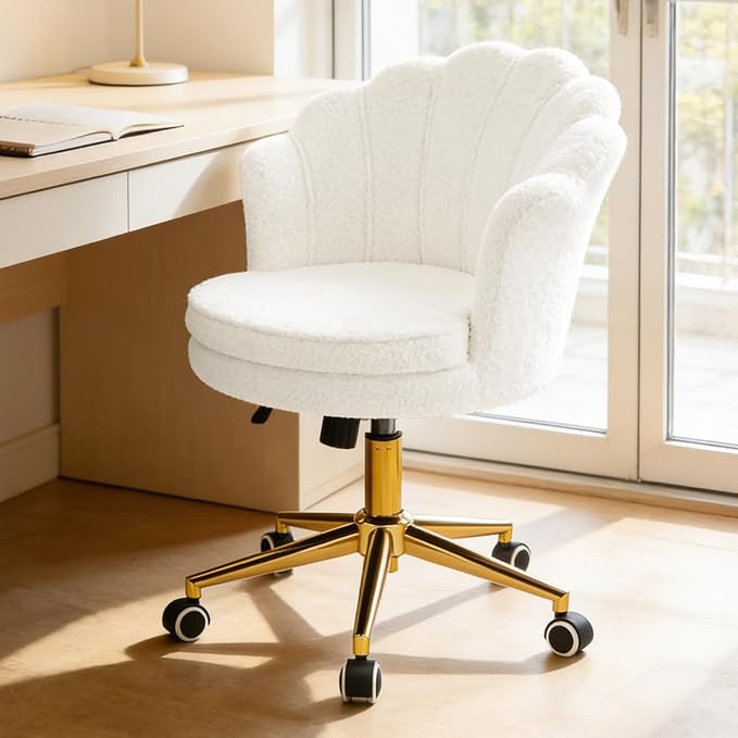 Vanity Chair with Back and Wheels Faux Fur Cute Home Office Desk Chair Upholstered with Gold Base and Petal Arm Comfy Makeup Chair Swivel Adjustable for Task Living Room Bedroom White