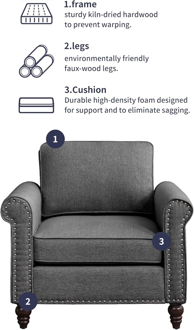 2 Piece Living Room Sofa Set 3 Seat Sofa and Armchair Sets Modular Sectional Couch Furniture Sets Gourd Shapes Wood Legs Sofas Couches for Living Room/Bedroom/Home/Apartment - Dark Grey