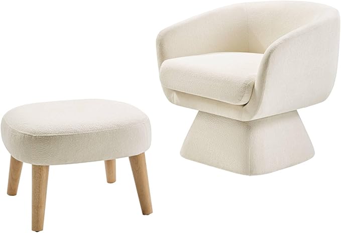 Lazy Chair with Ottoman 360° Swivel Lounge Accent Chair with Footrest Upholstered Reading Sofa Chair for Living Room Bedroom Small Space Modern Corner Chair White