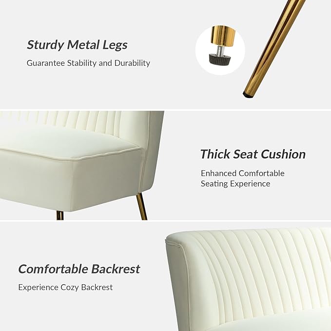 HULALA Home 3 Piece Velvet Living Room Furniture Set Modern Comfy Upholstered Chair Set with Golden Legs Include Loveseat &amp 2 Accent Chairs for Bedroom Ivory Tufted 2-Seater Sofa &amp Armless