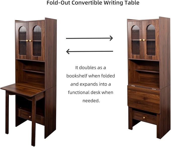 KEIKI Fold-Out Home Office Desks Writing Table with Glass Doors Drawers Bookshelf &amp Storage Shelves Modern Wooden Convertible Workstation for Work Study