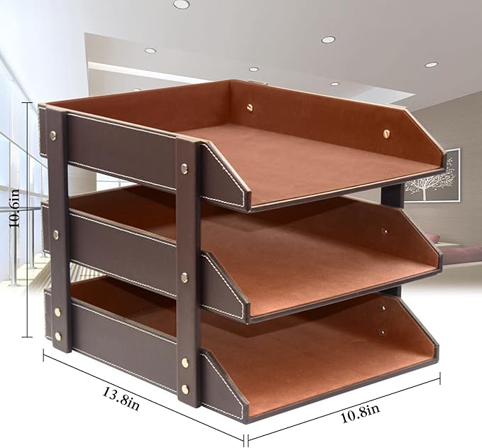 Very Sturdy 3 Tier Leather Desk File Rack for Office Supplies/Stationery/FolderStackable Letter Tray OrganizerDocument Filing Organizer Holder for Desktop Storage (Brown)…