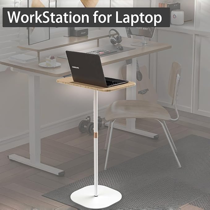 Small Laptop Standing Desk 18“H - 46”H Adjustable Height Pedestal Side Table with Wooden Top Portable Tall End Table Stand-Up Desk for Bedside Couch Sofa Living Room Bedroom Home Office White