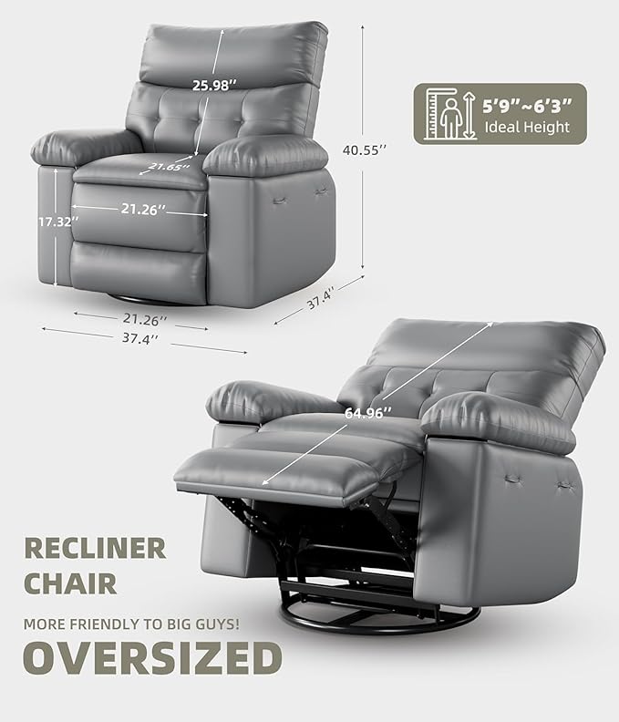 Oversized Recliner Chair for Adult150°Recliner Chairs Ergonomic Nursery Chairs Extra Wide Manual ReclinersPU Leather Upholstery Soft Sofa Chair for LivingroomGrey
