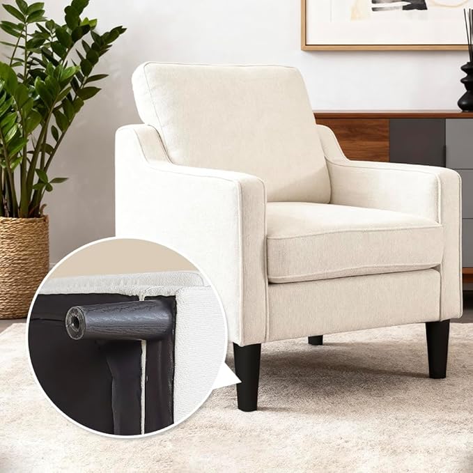 Accent Chair for Living Room Mid-Century Armchairs for Small Spaces Chenille Upholstered Comfy Reading Armchair with Studded for Bedroom (White-A)